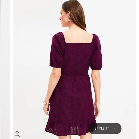 NWT Loft Crinkle Flounce Puff Sleeve Dress in Color Sweet Beet - Picture 3 of 3